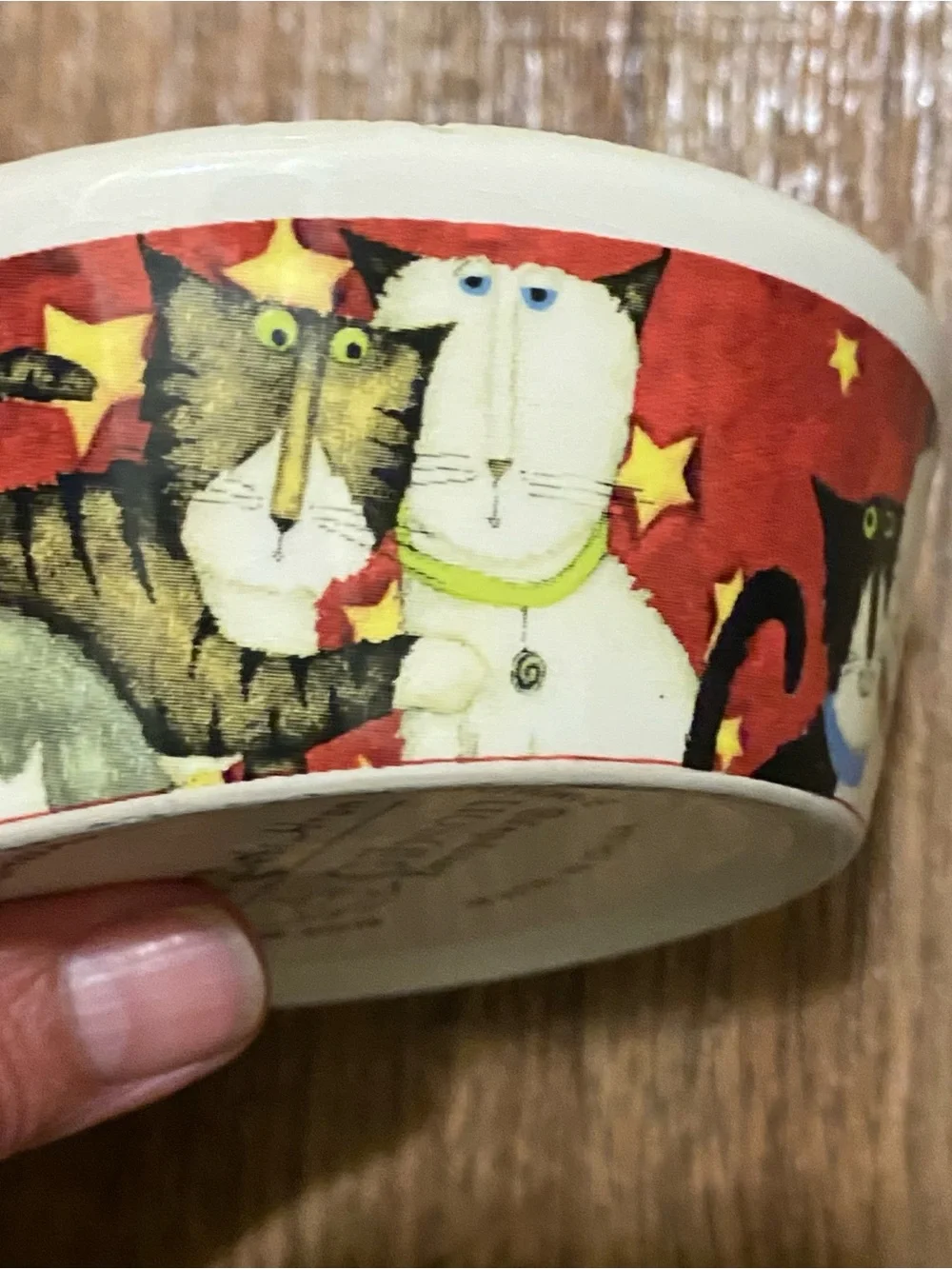 2012 Gibson Cat Food Bowl Cats Print On Red Stars By Debi Hron 4.25” Round